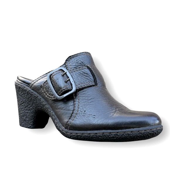 Born Women's Black Slide On Clog Size 8 Pebbled Leather Buckle Heel - Picture 1 of 11